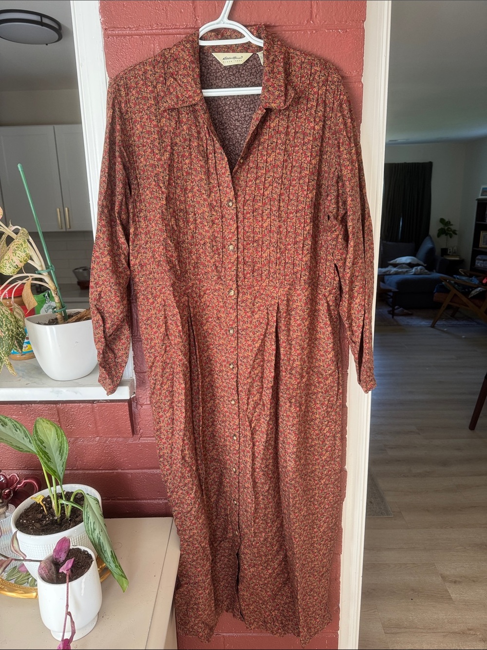 Eddie Bauer Long Sleeve Fall Brown and Orange Floral Button-Front Maxi Dress